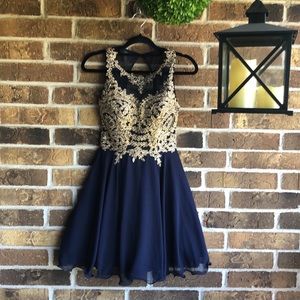 Xscape Women's Blue Gold Embroidered Cutout Fit & Flare Dress